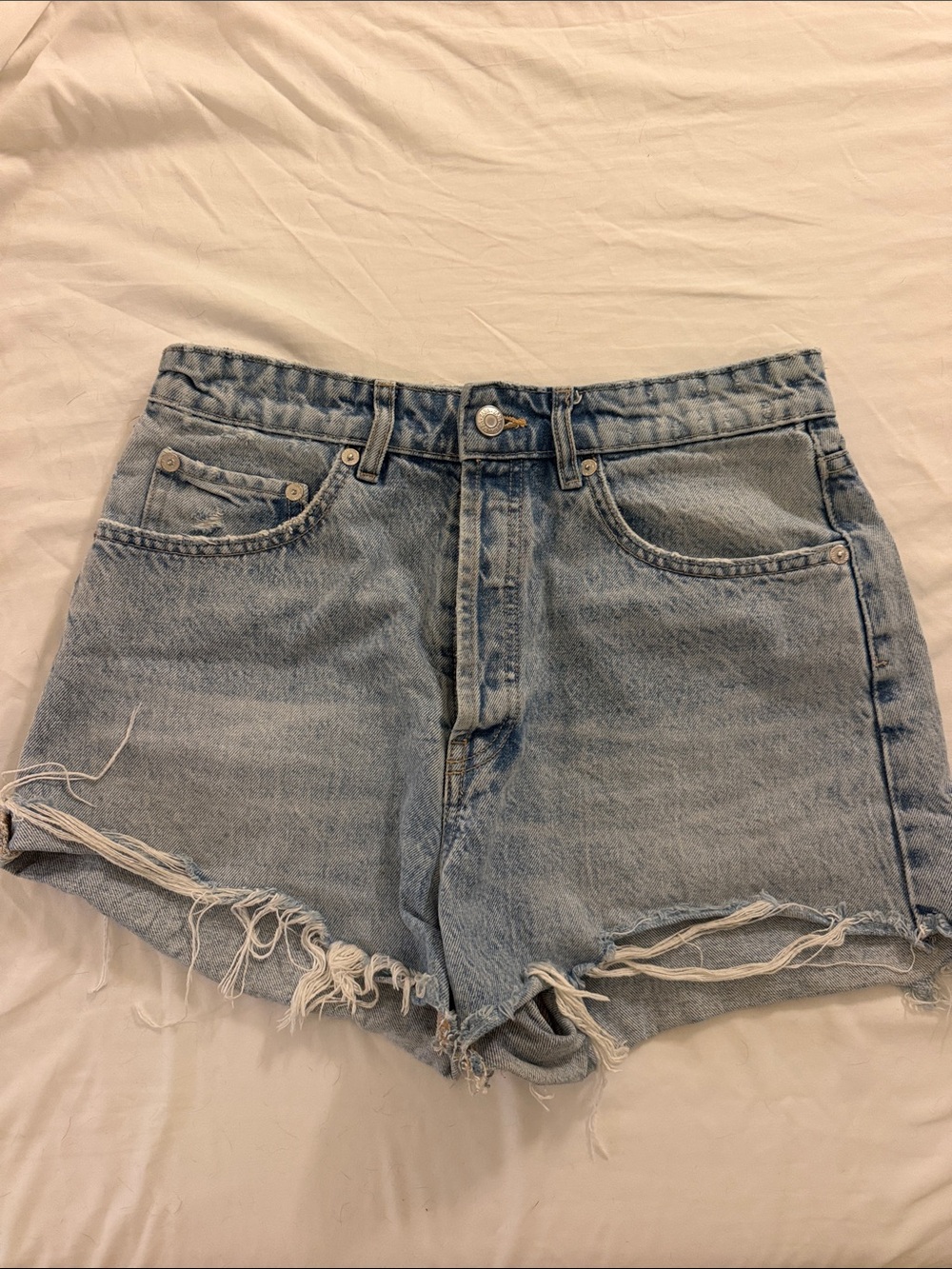 Zara Classic High-Rise Distressed Denim Shorts - Light Blue